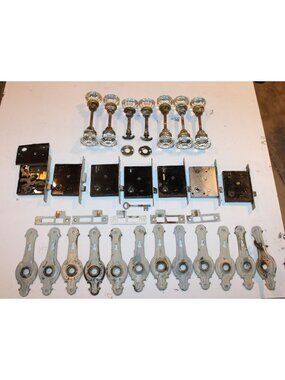 Lot of Vintage 12PT Glass Doorknob Sets Mortise Locks Backplates Strike Plates